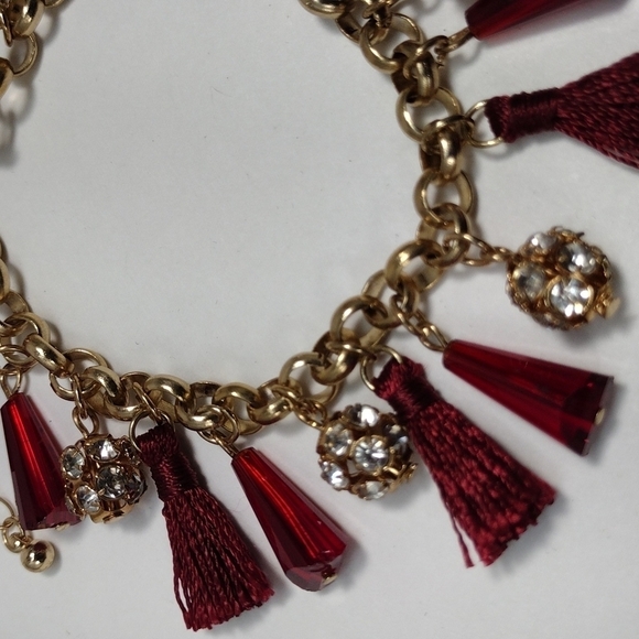 Women's Polished Gold-tone Red Beaded Tassel Bracelet w/ Sparkling Crystal Balls - Picture 4 of 8